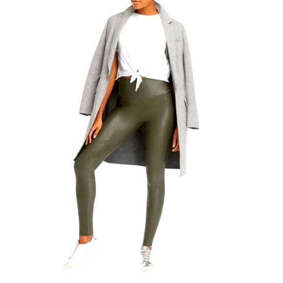 SPANX Faux Leather Leggings in Olive Green Medium